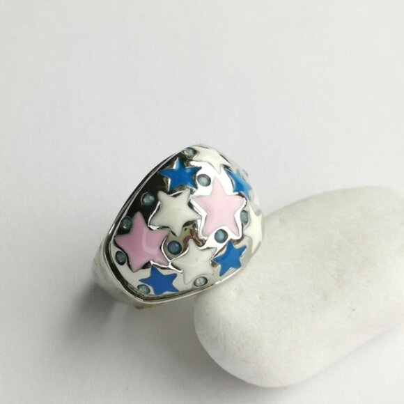 Stars  enamel dome ring pink blue size 8 🆕 - Picture 1 of 5